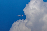 積乱雲をバックに飛ぶJALの飛行機